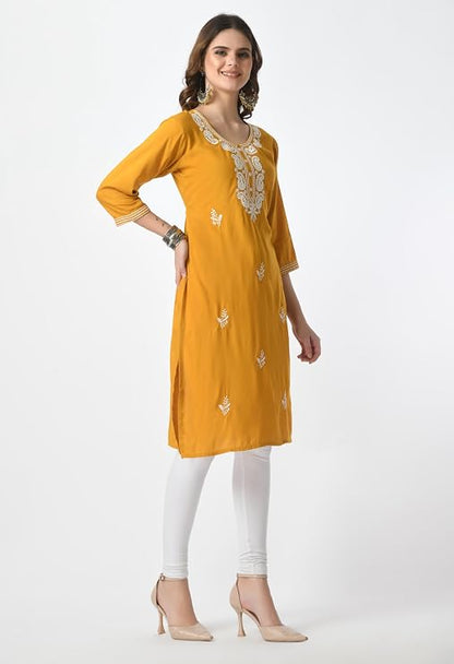 LIBOZA Kurta for Women – Lakhnowi Chikankari Embroidered Ladies Kurti, Stylish Girls Top, Ethnic Full Kurtas, Straight Design Kurtis for Woman