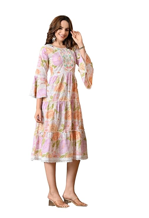 LIBOZA 100% Cotton Floral Print Tiered Midi Dress, Bell Sleeves, Lace Trim Detail, White and Multicolour for Women, Office, Party, All Occassions