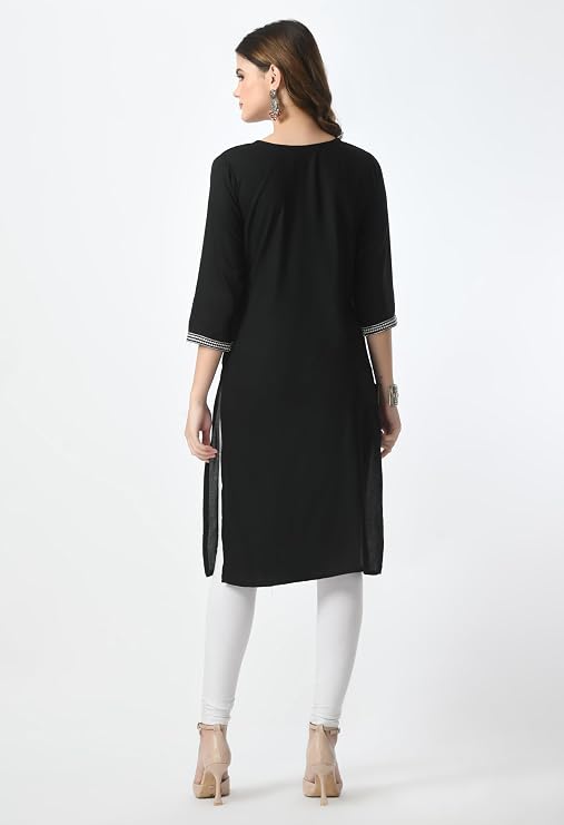 LIBOZA Kurta for Women – Embroidered Ladies Kurti, Stylish Girls Top, Ethnic Full Kurtas, Straight Design Kurtis for Woman Black