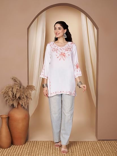 Embroidered Chikankari Kurti for Women - White Red