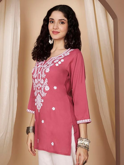 Short Kurti for Women for Jeans, Chikankari Kurtis for Ladies, Lakhnavi V- Neck Women's Tunic Design Kurta, Floral Kurtas & Tunics for Woman