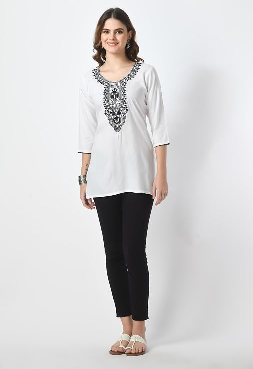 LIBOZA Short Kurti for Women – Lakhnowi Chikankari Embroidered Ladies Kurta, Stylish Girls Top, Ethnic Half Kurtas, Tunic Design Woman Kurtis White