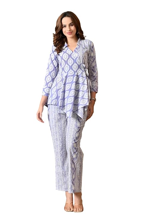 LIBOZA Women's Floral Print Cotton Angrakha Kurta with Pant Set – Stylish Ethnic Wear for All Occasions, Comfortable & Trendy Design