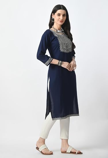Embroidered Straight Design Kurtis for Woman-Navy Blue