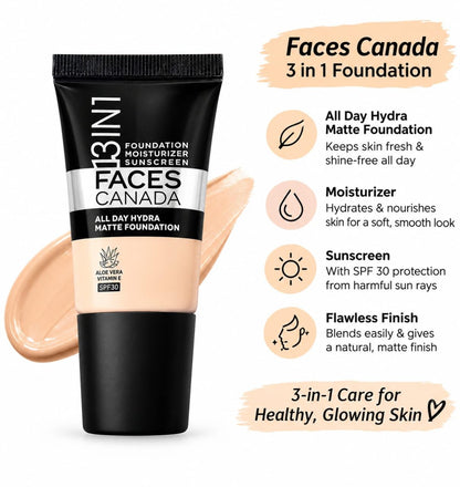 Faces Canada 3 IN 1 All Day Hydra Matte Foundation SPF-30 - 013 RICH IVORY