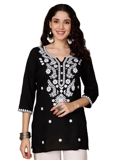Short Kurti for Women for Jeans, Chikankari Kurtis for Ladies, Lakhnavi V- Neck Women's Tunic Design Kurta, Floral Kurtas & Tunics for Woman