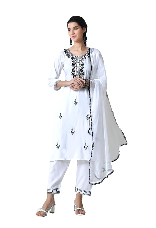 LIBOZA Chikankari Kurta Set for Women, Royon Cotton Straight Design Salwar Suit for Wedding, Diwali & Festival Kurti Pant With Dupatta, Suits Sets for Girls (IN, Alpha, 2XL, WHITE)
