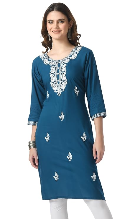 LIBOZA Kurta for Women – Embroidered Ladies Kurti, Stylish Girls Top, Ethnic Full Kurtas, Straight Design Kurtis for Woman Petrol Blue