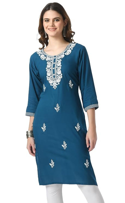 LIBOZA Kurta for Women – Lakhnowi Chikankari Embroidered Ladies Kurti, Stylish Girls Top, Ethnic Full Kurtas, Straight Design Kurtis for Woman