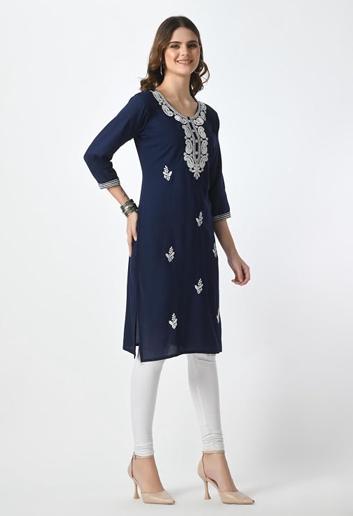LIBOZA Kurta for Women – Embroidered Ladies Kurti, Stylish Girls Top, Ethnic Full Kurtas, Straight Design Kurtis for Woman Navy Blue
