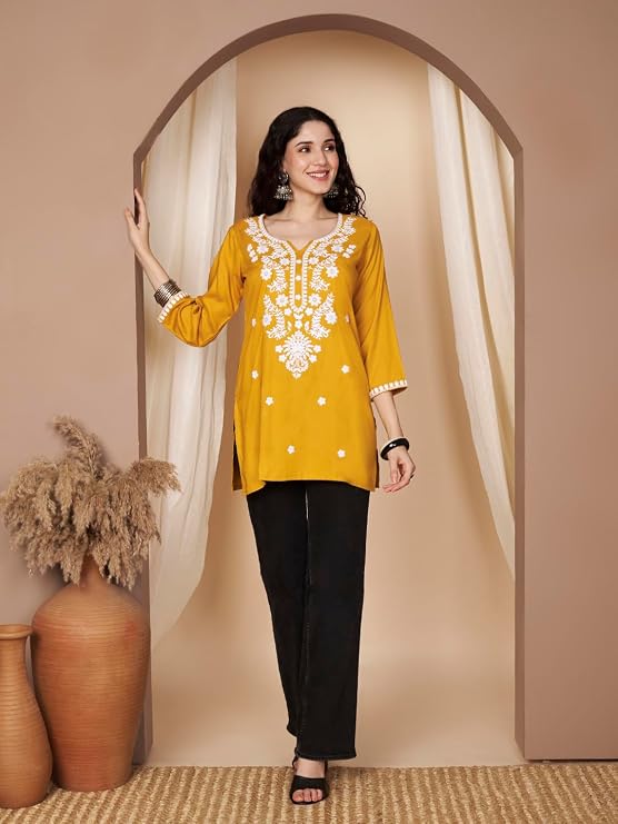 Short Kurti for Women for Jeans, Chikankari Kurtis for Ladies, Lakhnavi V- Neck Women's Tunic Design Kurta, Floral Kurtas & Tunics for Woman