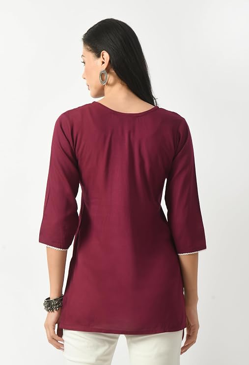 LIBOZA Short Kurta for Women – Lakhnowi Chikankari Embroidered Ladies Kurti, Ethnic Half Kurtas, Stylish Girls Top, Tunic Design Woman Kurtis Purple