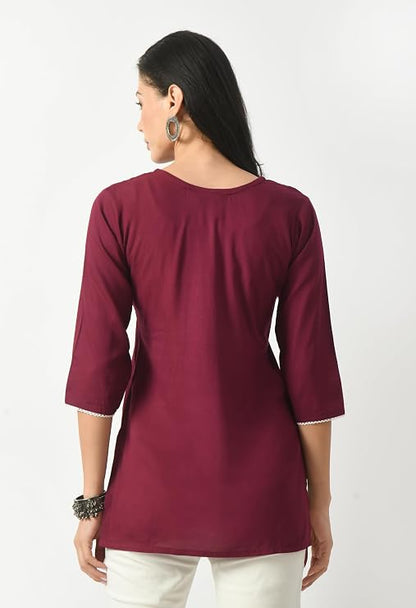 LIBOZA Short Kurta for Women – Lakhnowi Chikankari Embroidered Ladies Kurti, Ethnic Half Kurtas, Stylish Girls Top, Tunic Design Woman Kurtis Purple