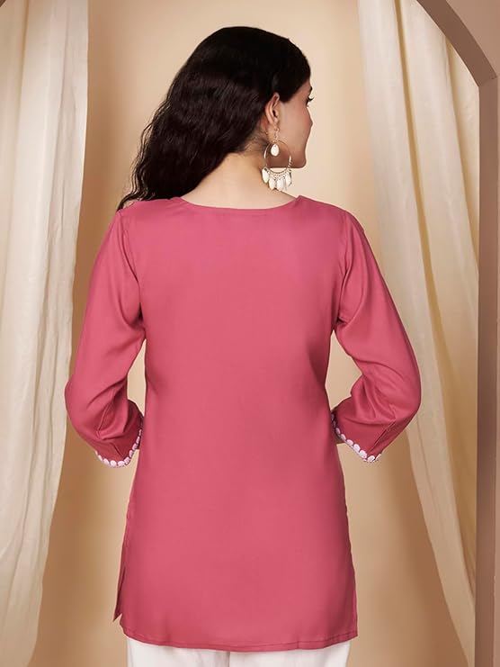 Short Kurti for Women for Jeans, Chikankari Kurtis for Ladies, Lakhnavi V- Neck Women's Tunic Design Kurta, Floral Kurtas & Tunics for Woman