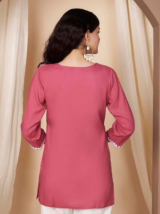 Short Kurti for Women for Jeans, Chikankari Kurtis for Ladies, Lakhnavi V- Neck Women's Tunic Design Kurta, Floral Kurtas & Tunics for Woman