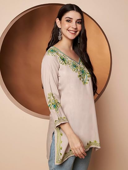Embroidered Chikankari Kurti for Women - Beige1
