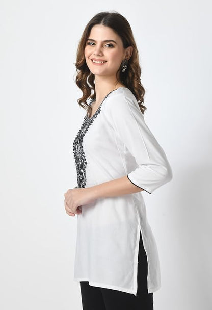 LIBOZA Short Kurti for Women – Lakhnowi Chikankari Embroidered Ladies Kurta, Stylish Girls Top, Ethnic Half Kurtas, Tunic Design Woman Kurtis White