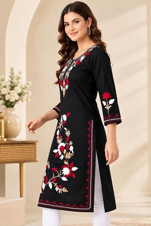 LIBOZA Summer Kurti for Women - Long Lakhnavi Chikankari Kurta, Stylish Straight Womens Kurtas for College Girls, Ladies Traditional Top Simple Colored Embroidery