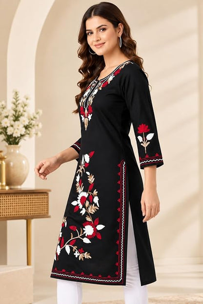 LIBOZA Summer Kurti for Women - Long Lakhnavi Chikankari Kurta, Stylish Straight Womens Kurtas for College Girls, Ladies Traditional Top Simple Colored Embroidery