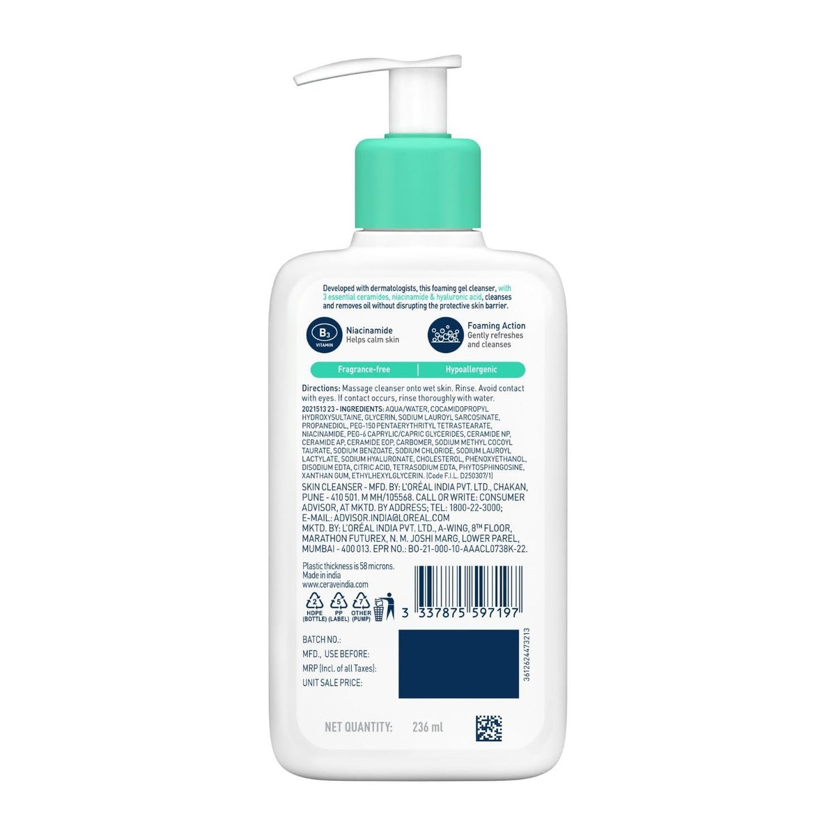 Cerave Fragrance Free Foaming Cleanser For Normal To Oily Skin 236 ml
