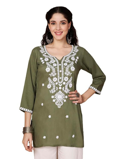 Short Kurti for Women for Jeans, Chikankari Kurtis for Ladies, Lakhnavi V- Neck Women's Tunic Design Kurta, Floral Kurtas & Tunics for Woman