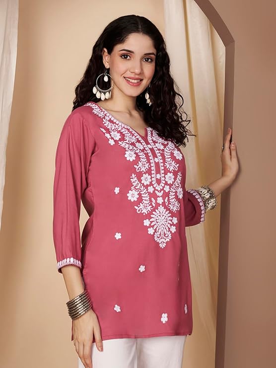 Short Kurti for Women for Jeans, Chikankari Kurtis for Ladies, Lakhnavi V- Neck Women's Tunic Design Kurta, Floral Kurtas & Tunics for Woman
