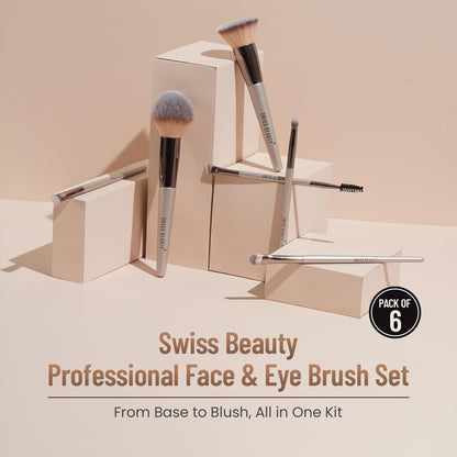 SWISS BEAUTY PROFESSIONAL FACE & EYE BRUSH SET - White 6 PIECE