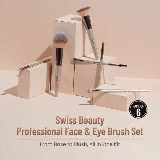 SWISS BEAUTY PROFESSIONAL FACE & EYE BRUSH SET - White 6 PIECE