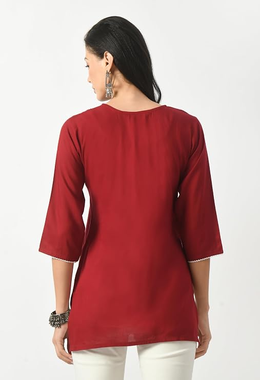 LIBOZA Short Kurta for Women – Lakhnowi Chikankari Embroidered Ladies Kurti, Ethnic Half Kurtas, Stylish Girls Top, Tunic Design Woman Kurtis