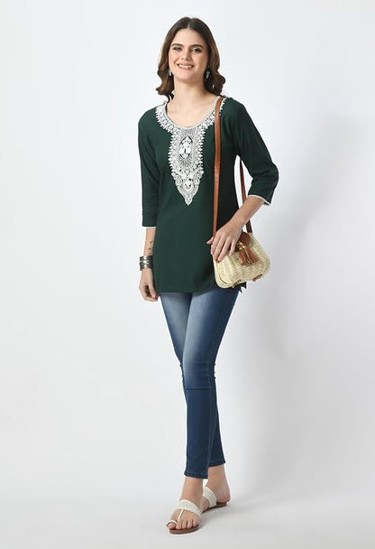 LIBOZA Short Kurti for Women – Lakhnowi Chikankari Embroidered Ladies Kurta, Stylish Girls Top, Ethnic Half Kurtas, Tunic Design Woman Kurtis Green