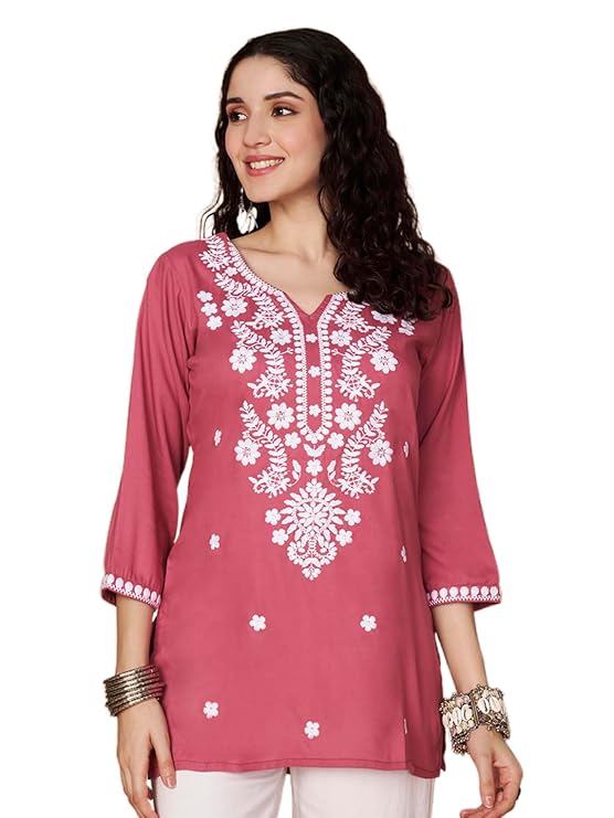 Short Kurti for Women for Jeans, Chikankari Kurtis for Ladies, Lakhnavi V- Neck Women's Tunic Design Kurta, Floral Kurtas & Tunics for Woman