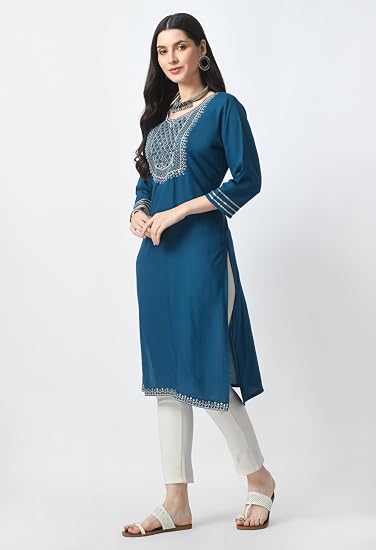 Embroidered Straight Design Kurtis for Woman-Petrol Blue