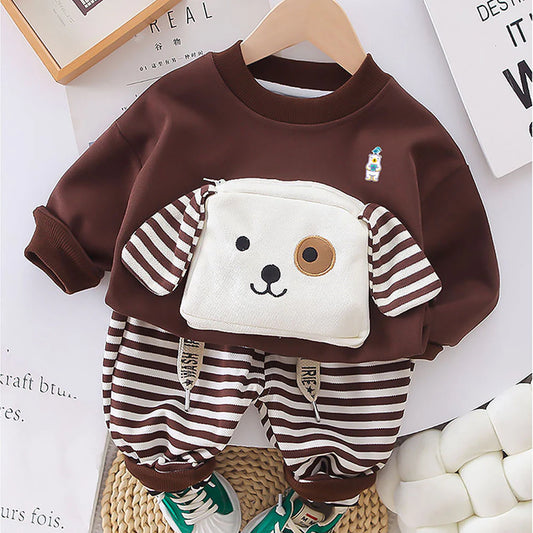 2Pcs Set Brown Stripes Doggy Eye Patch Track Suit Set For Toddler And Kids