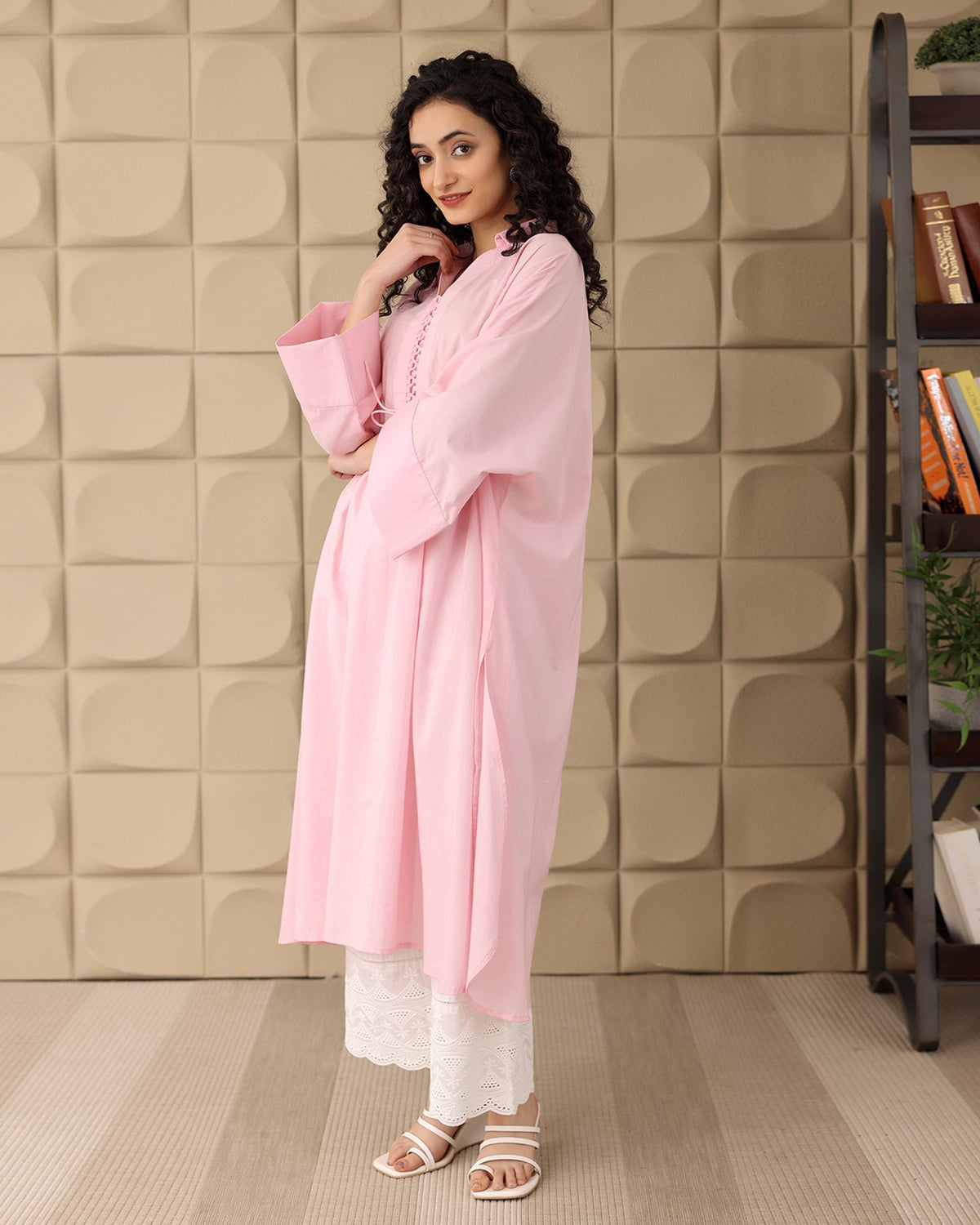 A-line Pink Cotton Kurta