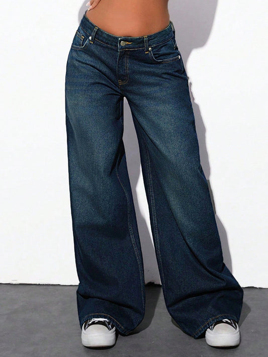 Luxe Cyber Blue Washed Stretchable Wide Leg Jeans
