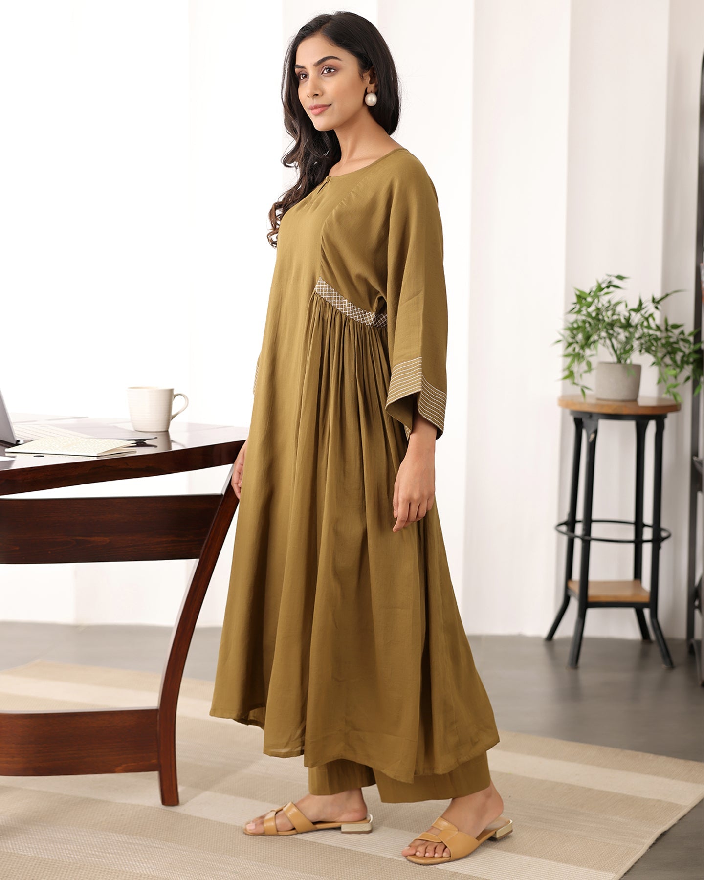 A-line Brown Cotton Kurta Set