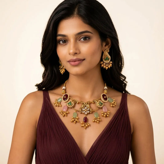 Multicolor Kundan Stone Necklace And Earrings Set For Women