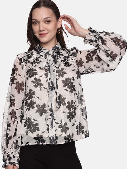 IS.U Floral Off-White Smocked Sleeve Top