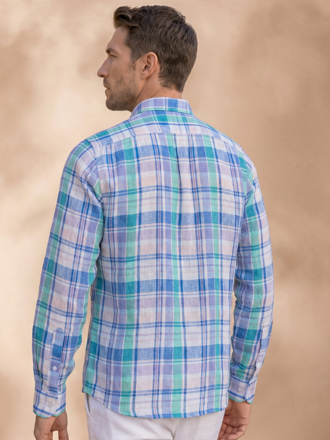 Regular Fit Blue Linen Checked Casual Shirt for Men (LITVA)