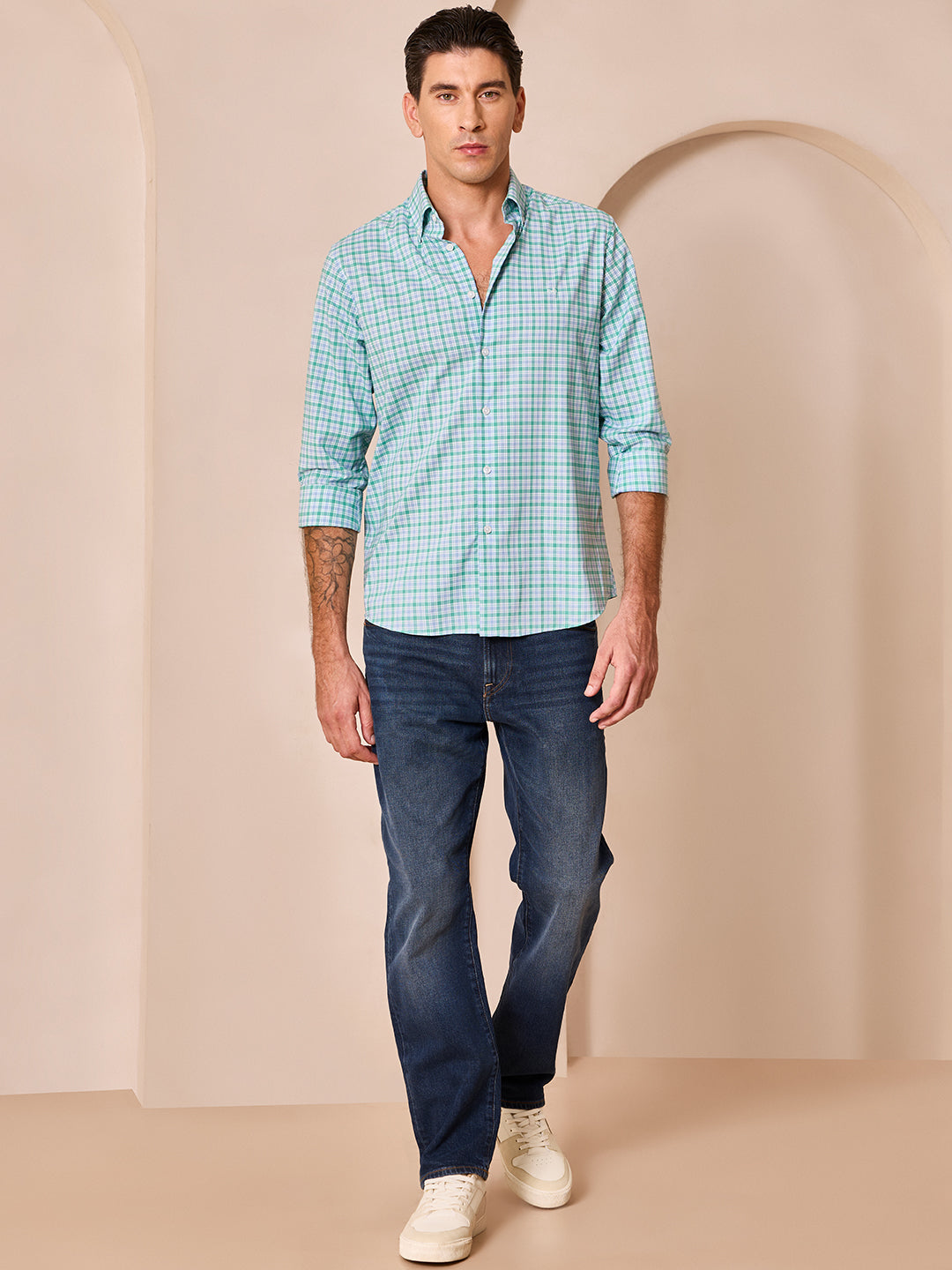 Green-Blue Regular Fit Checks Casual Shirt for Men (CALMA)