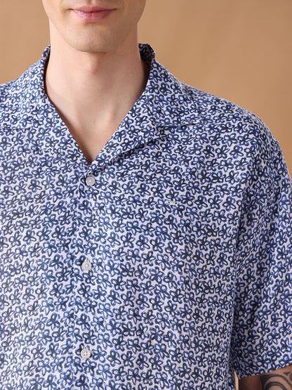 Navy Blue Regular Fit Printed Casual Shirt for Men (ALUAR)