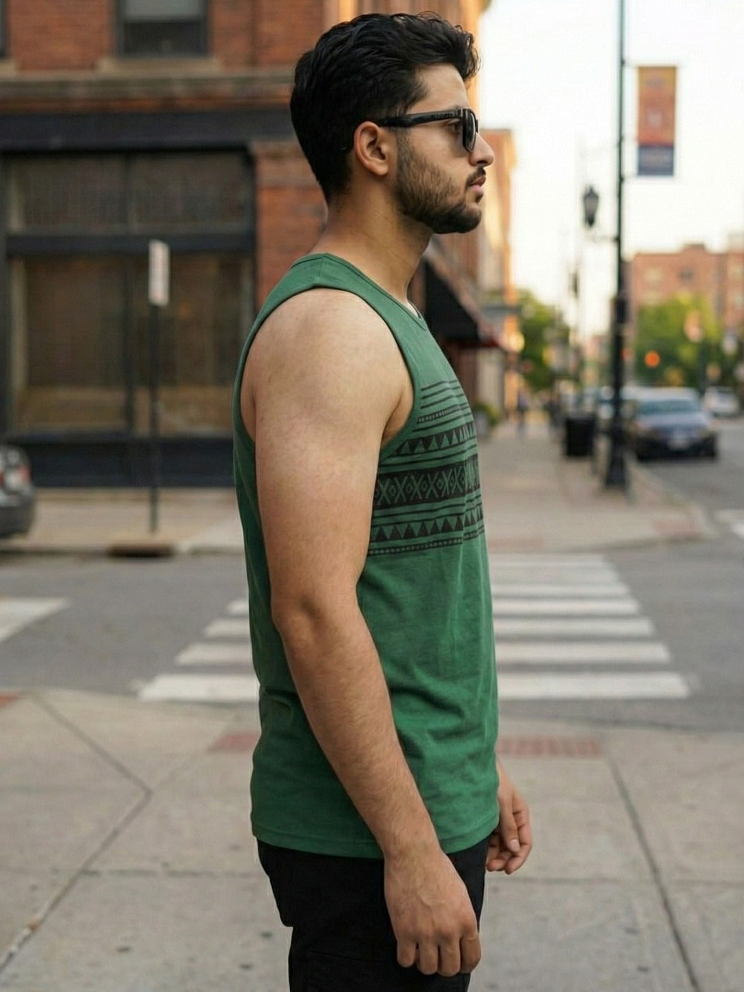 Men Round Neck Bottle Green Printed Cotton Sleeveless Training T-Shirt