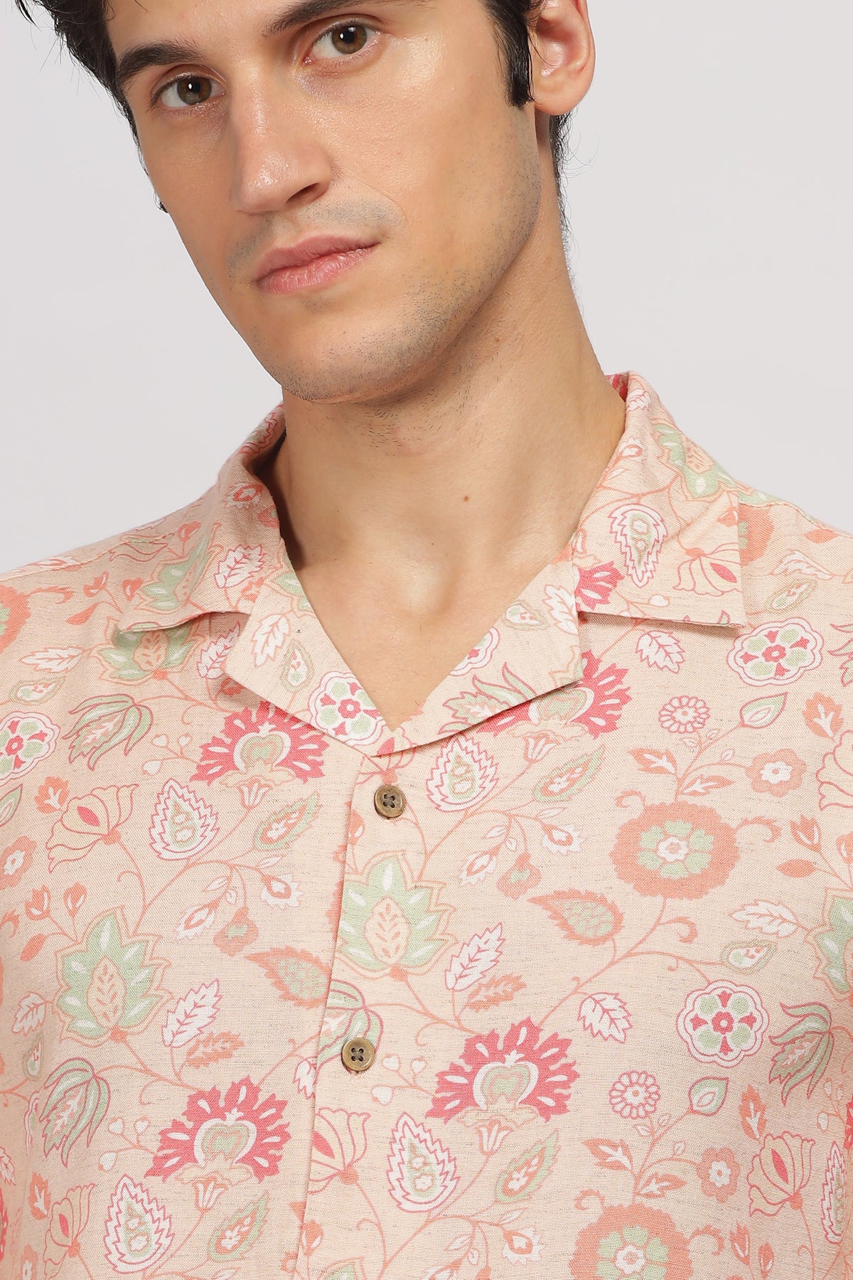 Uri Peach Printed Cuban Collar Shirt Uri