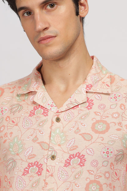 Uri Peach Printed Cuban Collar Shirt Uri