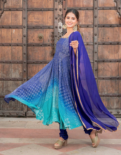Blue Bandhani Ombre Suit Set