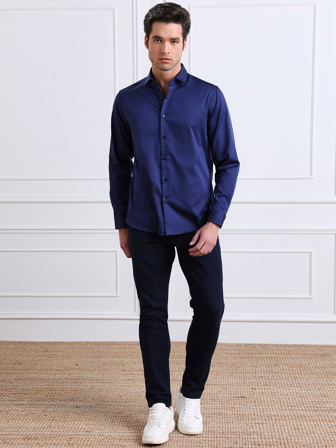 Navy Blue Regular Fit Solid Casual Satin Shirt for Men (BENITO)