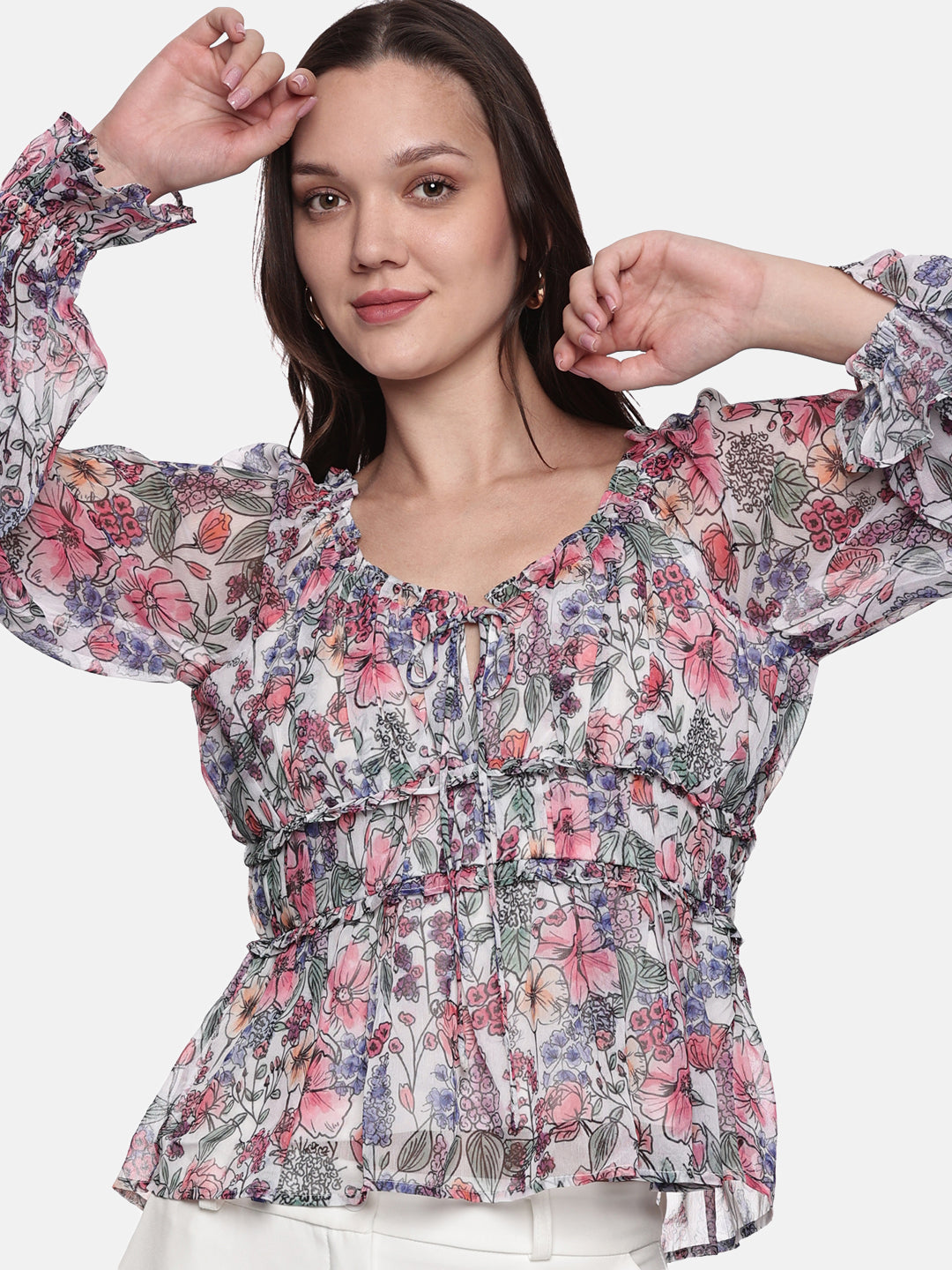 IS.U Multicolor Smocked Poet Sleeve Top