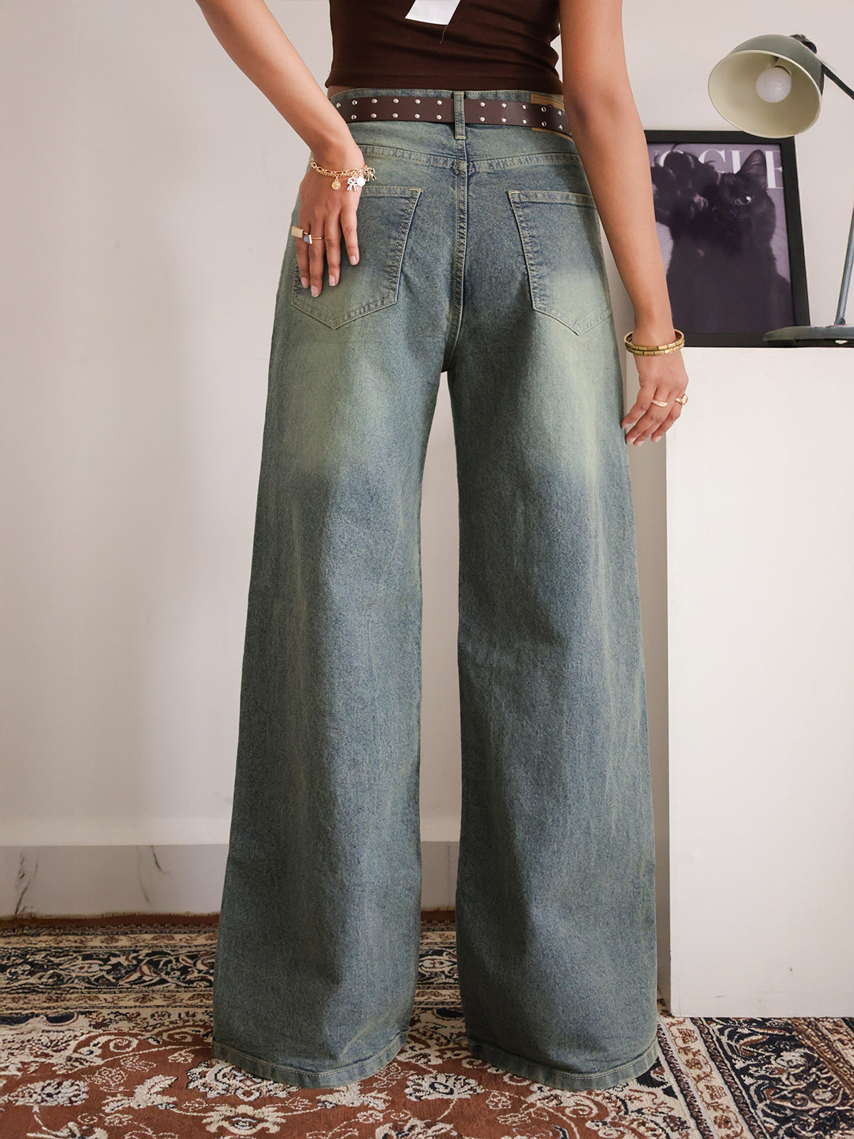 Luxe Aquamarine Green Tinted Stretchable Wide Leg Jeans