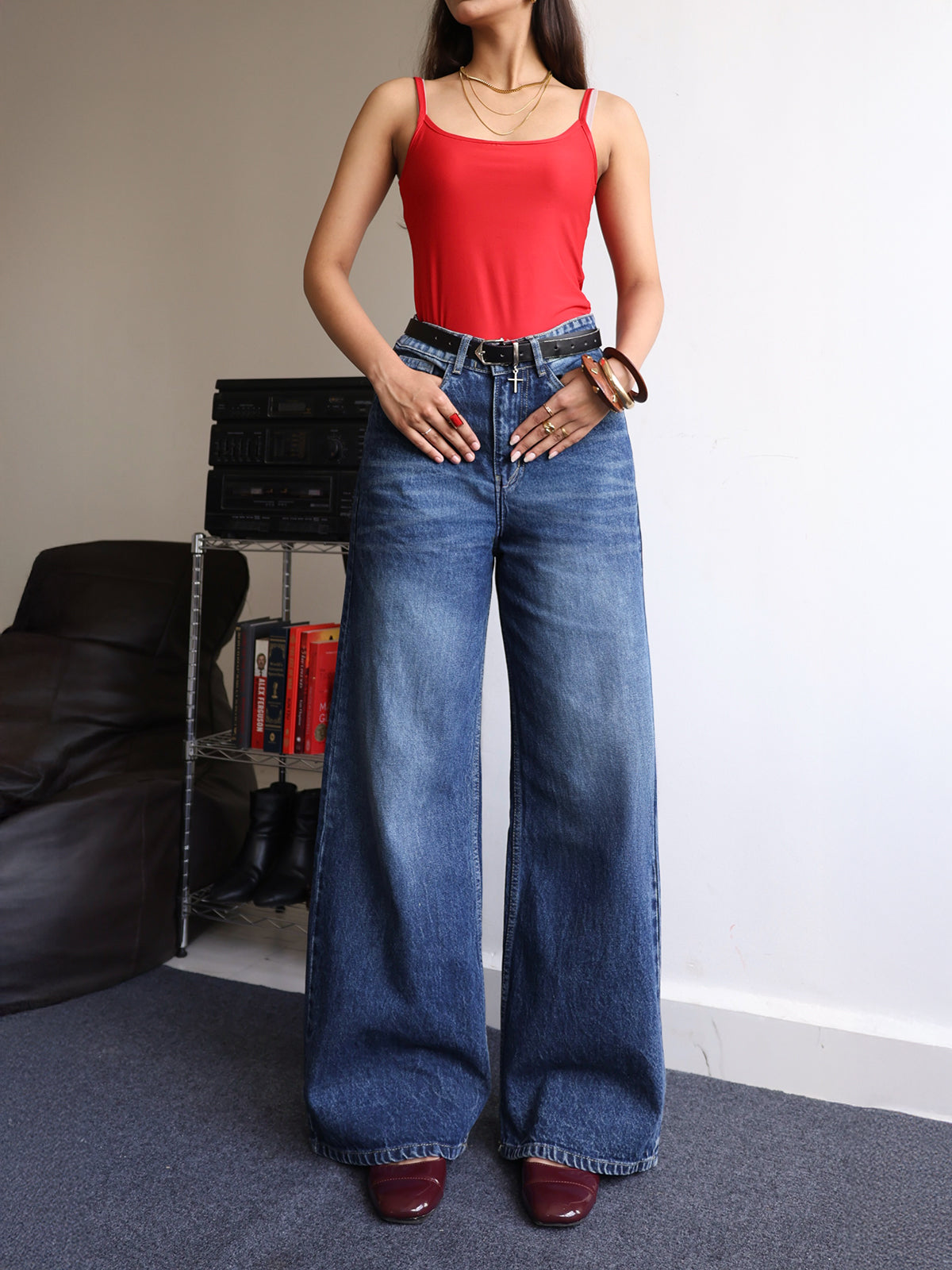 Dark Slate Blue Washed Super Wide Leg Jeans