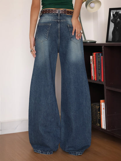 Dive Blue Washed Ripped Super Wide Leg Jeans